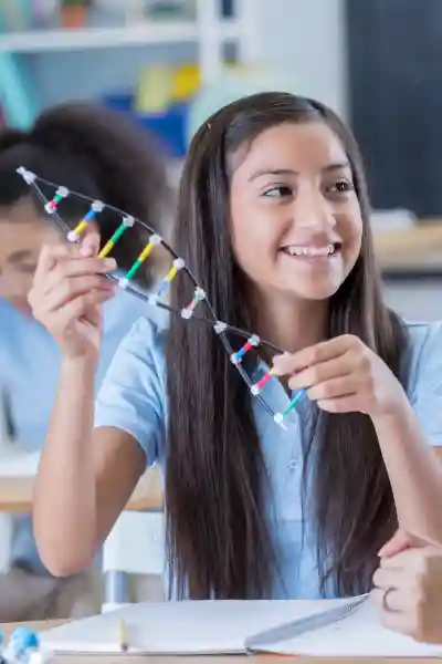 Young girl studying science.